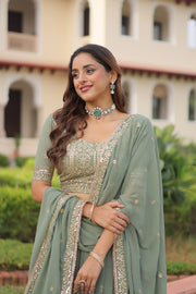 Women’s Sage Green Embroidered Lehenga Choli Set with Dupatta