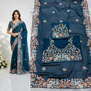 Teal Blue Embroidered Designer Saree – Indian Wedding Guest & Party Wear Saree