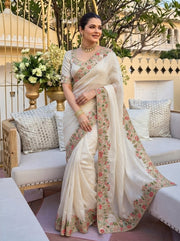 Rust Orange and Off White Embroidered Designer Saree – Indian Wedding Guest & Party Wear Saree