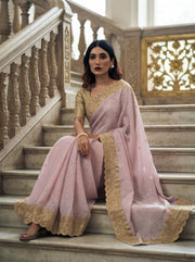 Pastel Pink Kanjivaram Silk Saree – Gold Zari Embroidered Wedding & Bridal Saree