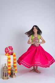 Girls Traditional Indian Lehenga Choli Set with Pink Flared Skirt and Green Embroidered Blouse