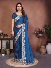 Women’s Saree with Floral Embroidery Border, Elegant Indian Traditional Look