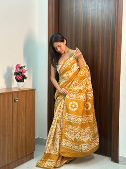 Women’s Mustard Yellow Mul Cotton Saree with White Printed Design, Ready-to-Wear