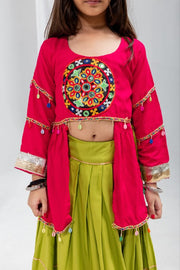 Traditional Indian Lehenga Choli Set with Green Flared Lehenga Skirt, Pink Printed Jacket Top