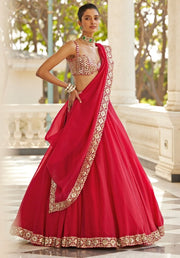 Women’s Red Embroidered Lehenga Choli Set with Dupatta