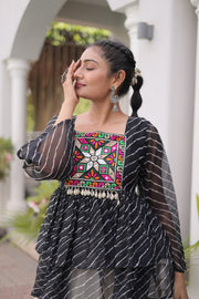 Women’s Embroidered Black Peplum Kurti with White Flared Lehenga Skirt