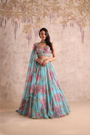 Women’s Turquoise Blue Floral Lehenga Choli with Dupatta