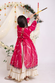 Indian Lehenga Choli Set with Pink Bandhani Printed Top and Cream Flared Lehenga Skirt