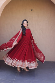 Women’s Red Embroidered Anarkali Suit with Dupatta, Floor Length Indian Ethnic Dress Set