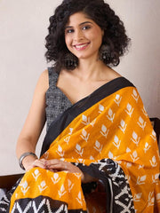 Women’s Ready to Wear Cotton Saree, Mustard Yellow and Black Printed