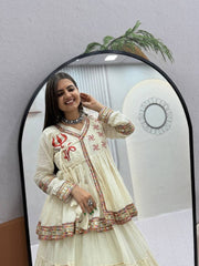 Women’s White Traditional Indian lengha choli with Embroidered Border and Printed Ethnic Motifs