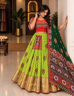Women’s Green and Red Lehenga Choli Set with Dupatta