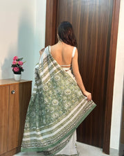 Women’s White Printed Mul Cotton Ready-to-Wear Saree with Green Printed Border