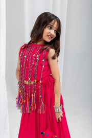 Indian Ethnic Dress, Pink Sleeveless Anarkali Style Maxi Dress with Multicolor Tassel