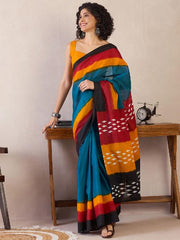 Women’s Ready to Wear Mul Cotton Saree with Pocket, Multicolor Printed Stitched Saree