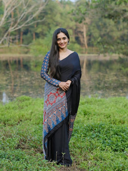 Women’s Ready to Wear Crape Silk Saree, Black and Blue Printed Stitched Saree