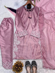 Women’s Mauve Embroidered Silk Kurta Pant Set with Dupatta