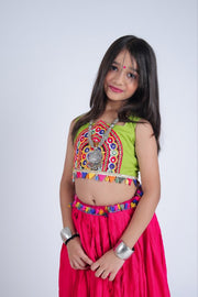 Girls Traditional Indian Lehenga Choli Set with Pink Flared Skirt and Green Embroidered Blouse