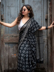Women’s Black Printed Cotton Saree with Geometric Pattern and Contrast Border