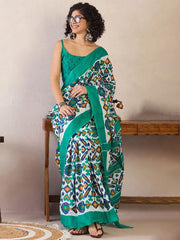 Women’s Green Printed Mul Cotton Ready to Wear Saree with Pocket