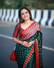 Women’s Ready to Wear Crape Silk Saree, Green and Red Printed Stitched Saree