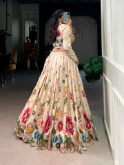 Women’s Cream Floral Printed Lehenga Choli Set with Dupatta