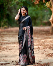 Women’s Ready to Wear Crape Silk Saree, Black Printed Stitched Saree with Red Floral