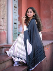 Women’s Ready to Wear Mul Cotton Saree with Pocket, White and Black Printed Stitched Saree
