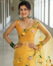 Women’s Ready to Wear Crape Silk Saree, Yellow Floral Printed Stitched Saree