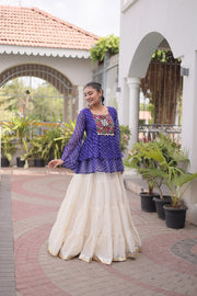 Women’s Embroidered Black Peplum Kurti with White Flared Lehenga Skirt
