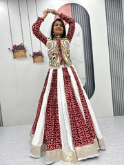 Women’s Maroon and White Anarkali Dress, Traditional Indian Ethnic Wear Lengha Choli