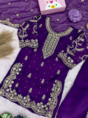 Girls Purple Embroidered Kurta Palazzo Set with Dupatta