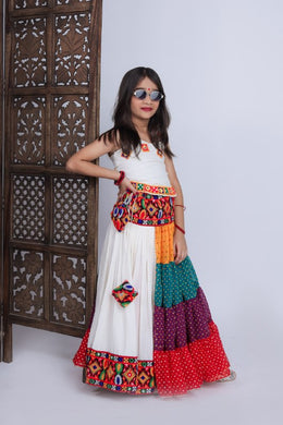 Girls Traditional Multicolor Bandhani Printed Lehenga Choli Set with White Top