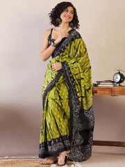 Women’s Ready to Wear Mul Cotton Saree with Pocket, Olive Green and Black Printed Stitched Saree