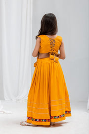 Girls Traditional Indian Lehenga Choli Set, Mustard Yellow Flared Lehenga Skirt