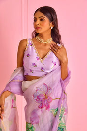 Women’s Ready to Wear Organza Silk Saree, Lavender Floral Printed Stitched Saree