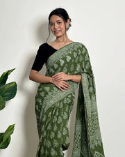 Women’s Ready to Wear Mul Cotton Saree with Pocket, Green Printed Stitched Saree