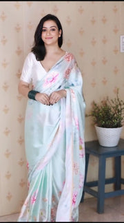 Women’s Pastel Floral Printed Saree with Elegant Border for Wedding, Party & Festive Wear
