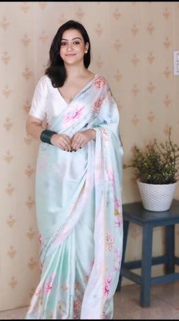 Women’s Pastel Floral Printed Saree with Elegant Border for Wedding, Party & Festive Wear