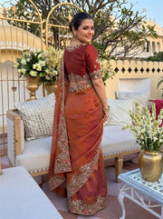 Rust Orange and Off White Embroidered Designer Saree – Indian Wedding Guest & Party Wear Saree