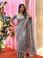 Ivory Tissue Silk Saree – Heavy Embroidered Indian Wedding & Party Wear Saree