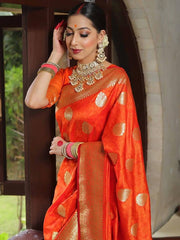 Indian Orange Red Silk Saree for Women with Golden Zari Butti and Rich Woven Border