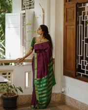 Wine Purple Silk Saree for Women with Green Contrast Border and Traditional Woven Design