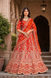Women’s Red Printed Lehenga Choli with Dupatta, Traditional Indian Ethnic Wedding Wear