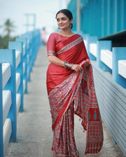 Women’s Ready to Wear Crape Silk Saree, Red Printed Stitched Saree with Traditional look