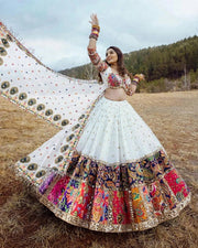Women’s White Lehenga Choli Set with Multicolor Printed Border