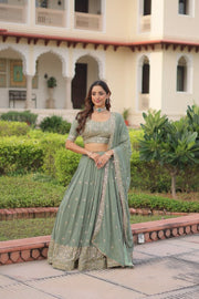Women’s Sage Green Embroidered Lehenga Choli Set with Dupatta
