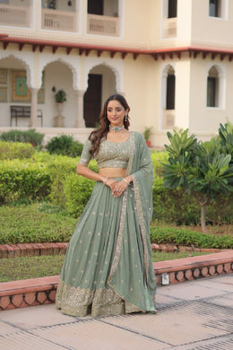 Women’s Sage Green Embroidered Lehenga Choli Set with Dupatta