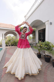 Women’s Embroidered Black Peplum Kurti with White Flared Lehenga Skirt