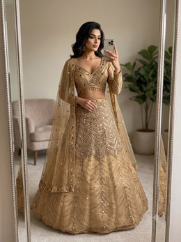 Women’s Champagne Gold Embroidered Lehenga Choli Set with Dupatta
